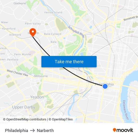 Philadelphia to Narberth map