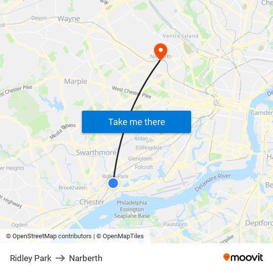 Ridley Park to Narberth map