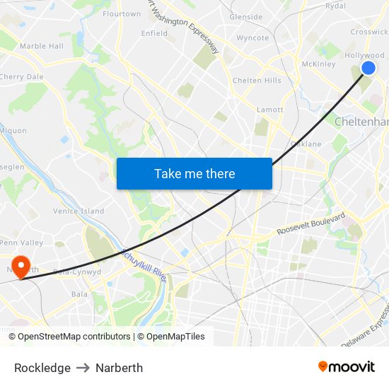 Rockledge to Narberth map