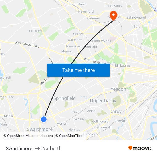 Swarthmore to Narberth map