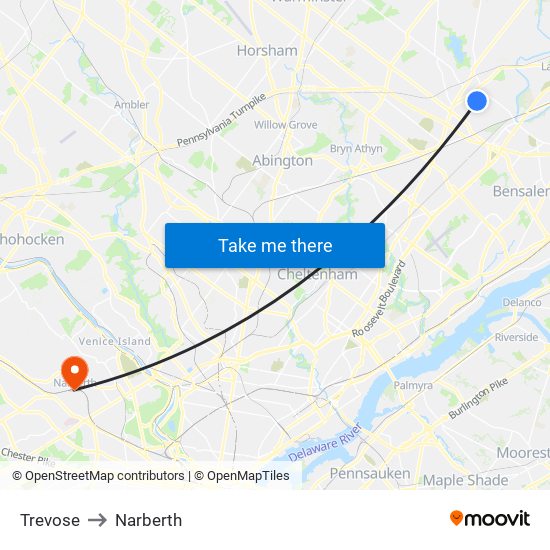 Trevose to Narberth map