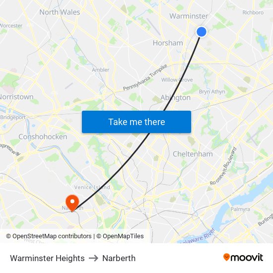 Warminster Heights to Narberth map