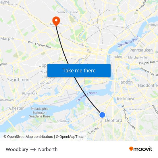 Woodbury to Narberth map