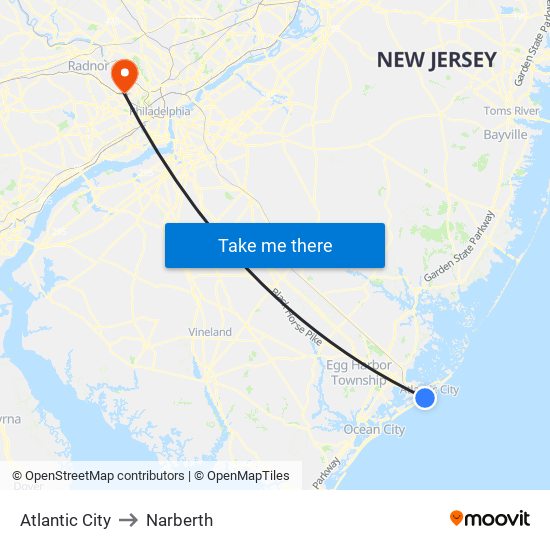 Atlantic City to Narberth map