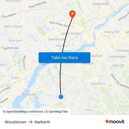 Woodstown to Narberth map