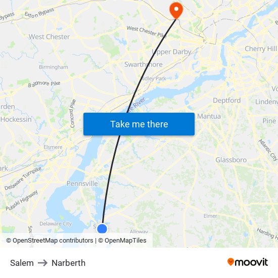 Salem to Narberth map