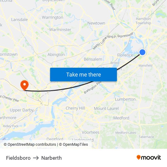 Fieldsboro to Narberth map