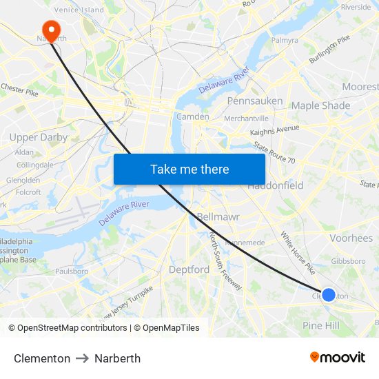 Clementon to Narberth map