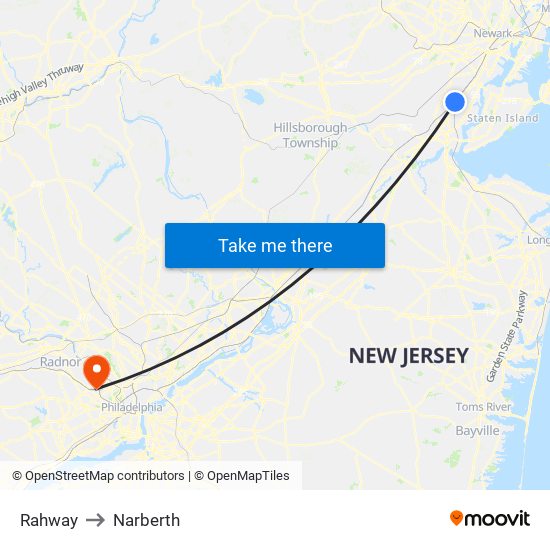 Rahway to Narberth map