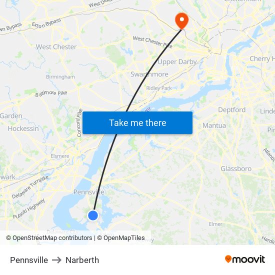 Pennsville to Narberth map