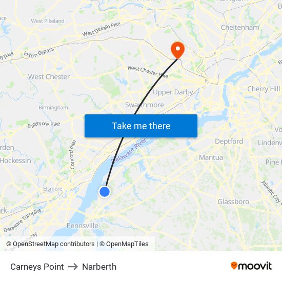 Carneys Point to Narberth map