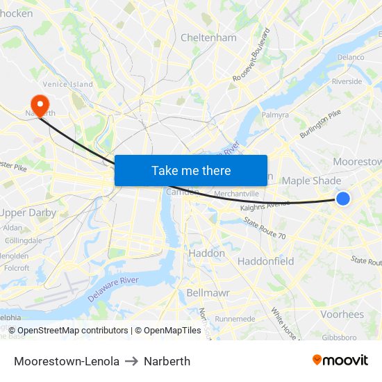 Moorestown-Lenola to Narberth map