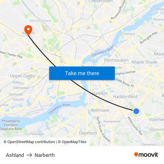 Ashland to Narberth map