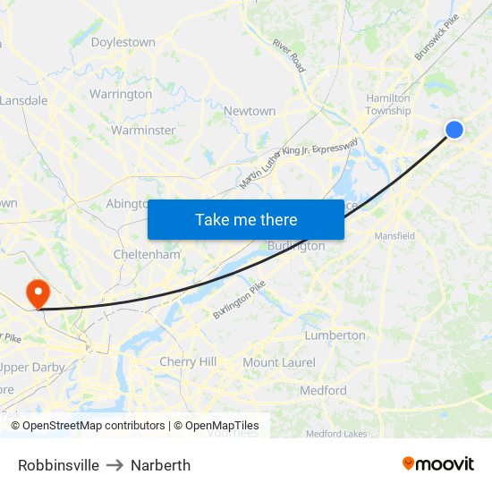 Robbinsville to Narberth map