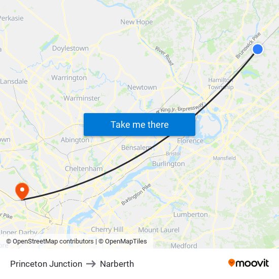 Princeton Junction to Narberth map