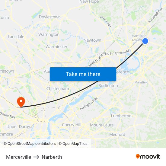 Mercerville to Narberth map