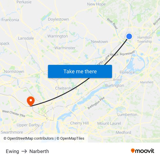 Ewing to Narberth map