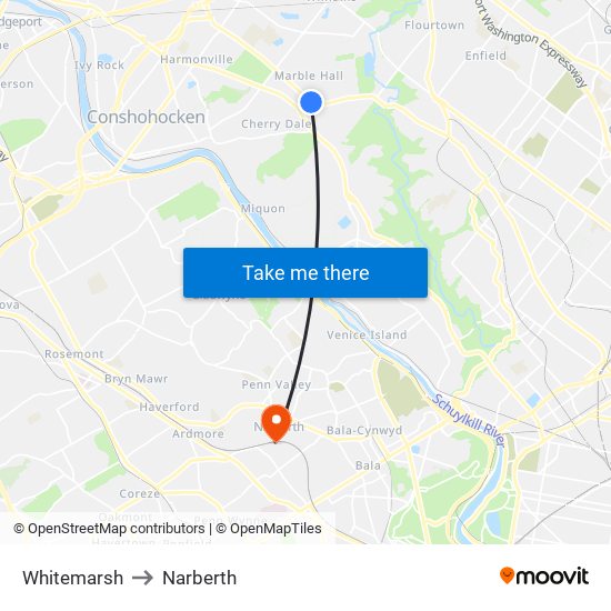 Whitemarsh to Narberth map