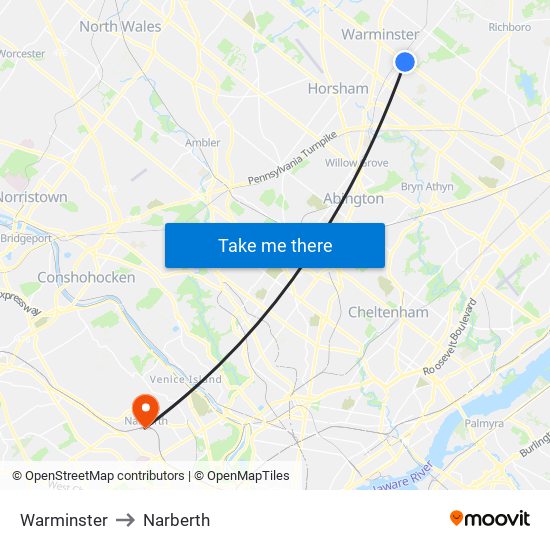 Warminster to Narberth map