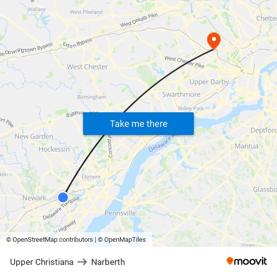 Upper Christiana to Narberth map