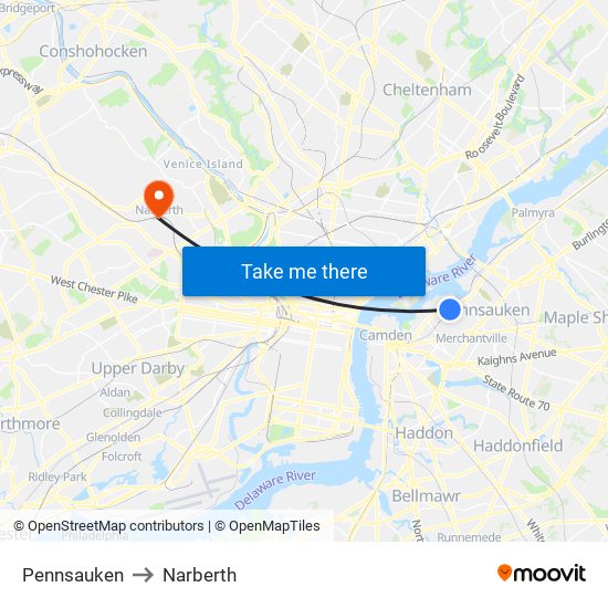 Pennsauken to Narberth map