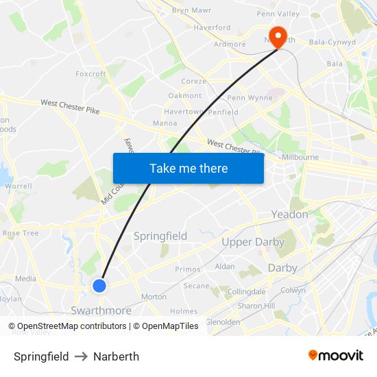 Springfield to Narberth map