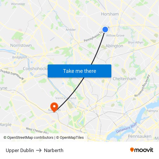 Upper Dublin to Narberth map