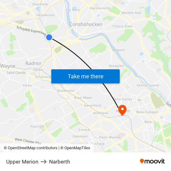 Upper Merion to Narberth map