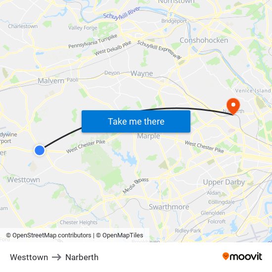 Westtown to Narberth map