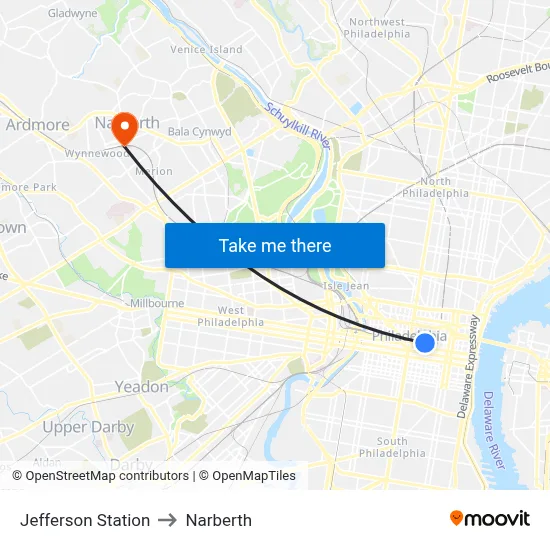 Jefferson Station to Narberth map