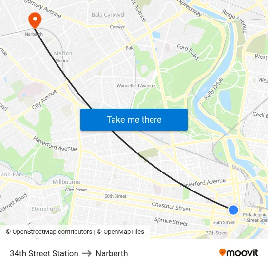 34th Street Station to Narberth map