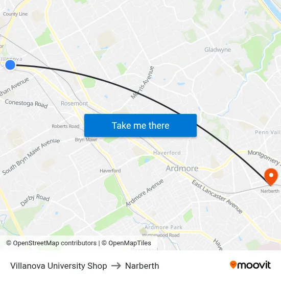 Villanova University Shop to Narberth map