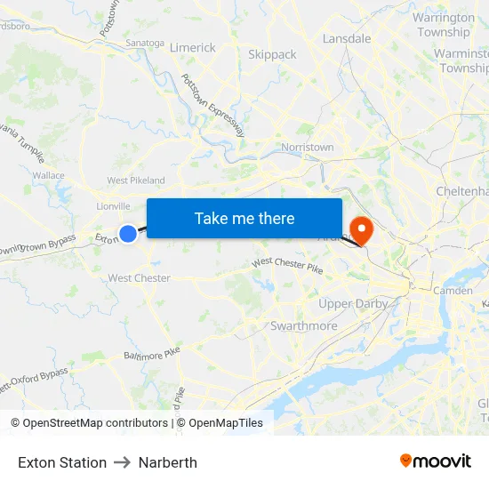 Exton Station to Narberth map