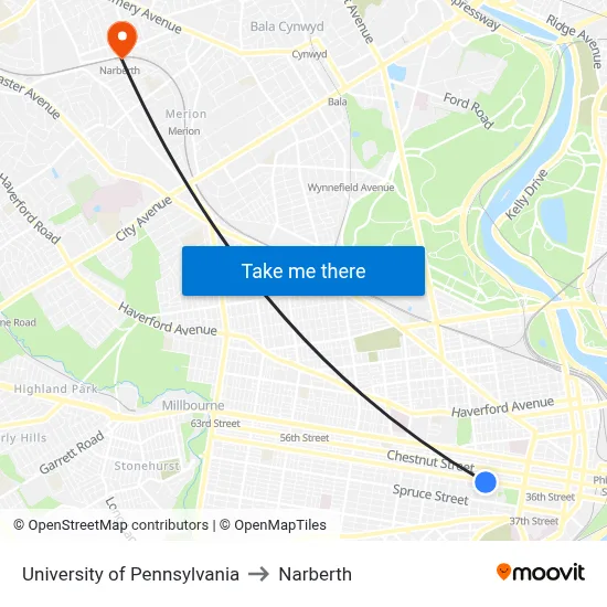 University of Pennsylvania to Narberth map