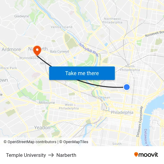 Temple University to Narberth map