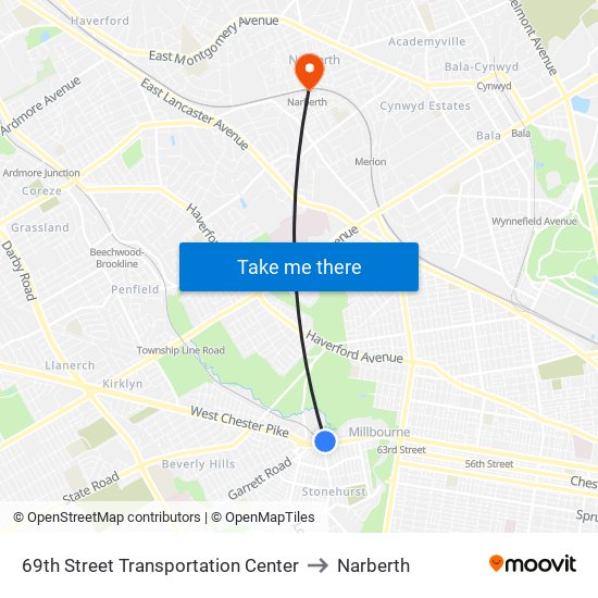 69th Street Transportation Center to Narberth map