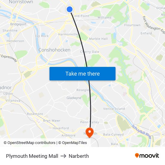 Plymouth Meeting Mall to Narberth map