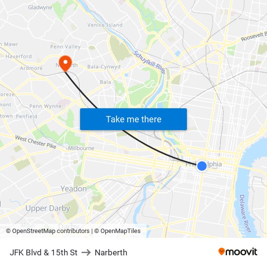 JFK Blvd & 15th St to Narberth map