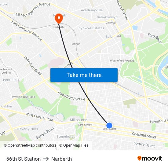 56th St Station to Narberth map