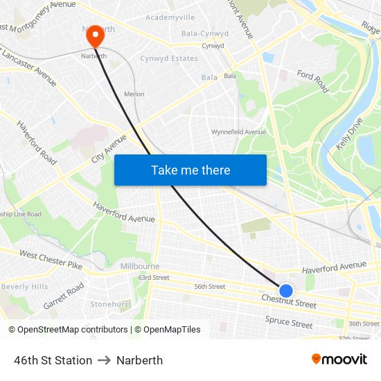 46th St Station to Narberth map