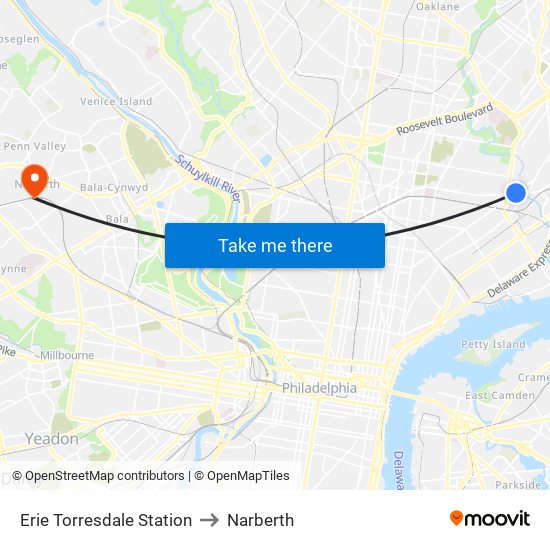 Erie Torresdale Station to Narberth map