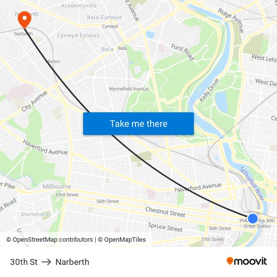 30th St to Narberth map