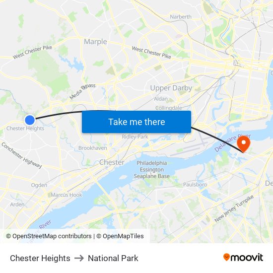 Chester Heights to National Park map