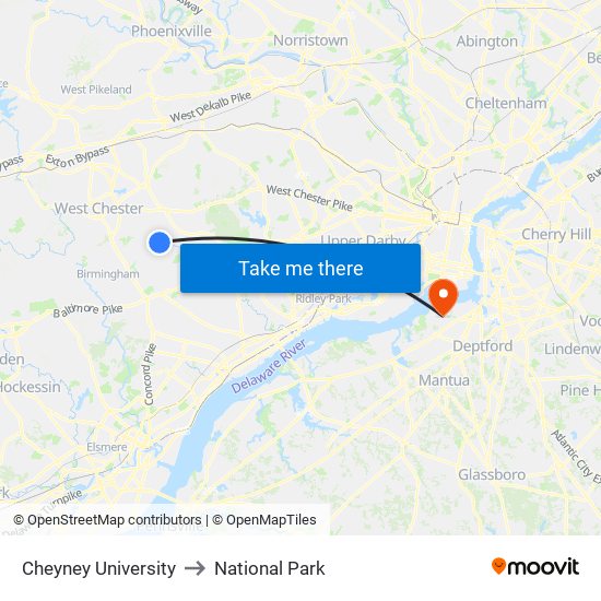 Cheyney University to National Park map