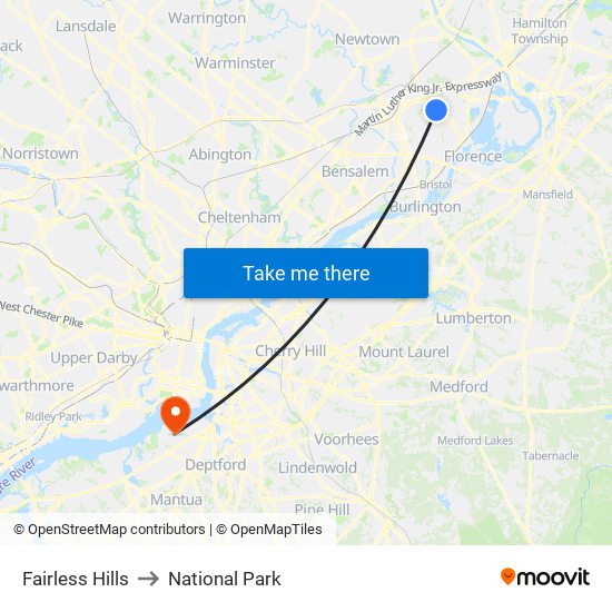 Fairless Hills to National Park map