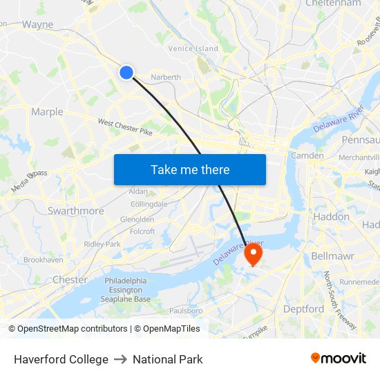 Haverford College to National Park map
