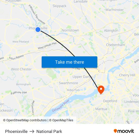 Phoenixville to National Park map