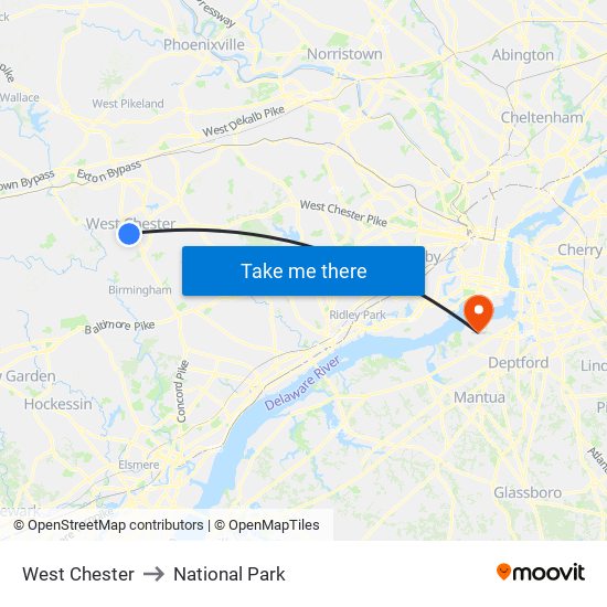 West Chester to National Park map