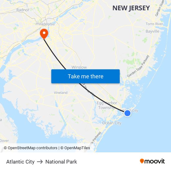 Atlantic City to National Park map