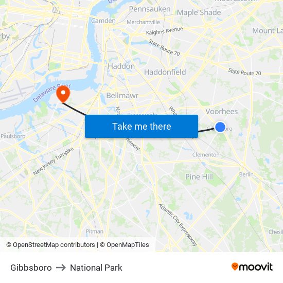 Gibbsboro to National Park map